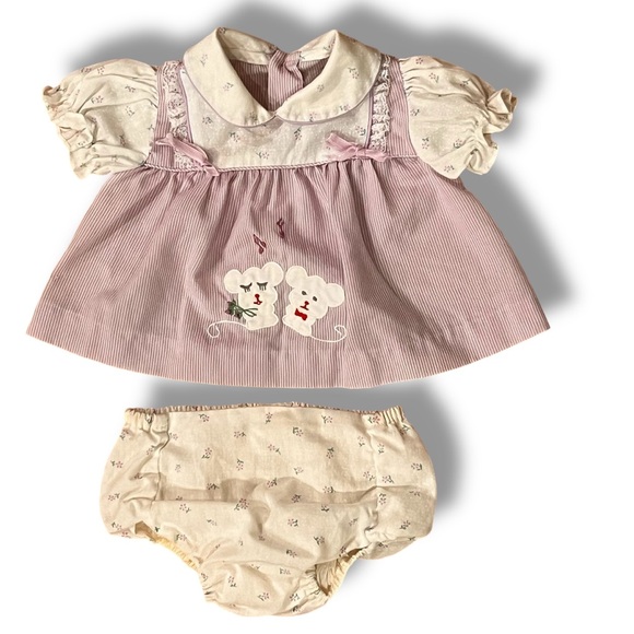 70s VTG Original Dress Set  2 Pc Lavender Stripe Appliqué Mouse Embroidered 0-3m - Picture 1 of 6